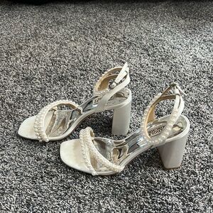 White satin and pearl block heels